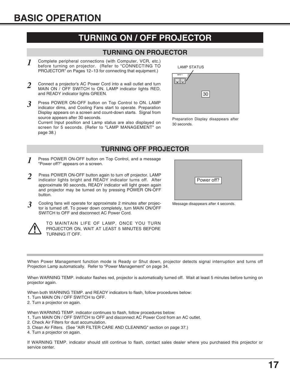 17 basic operation, Turning on / off projector | Christie Digital Systems 38-VIV210-01 User Manual | Page 17 / 44