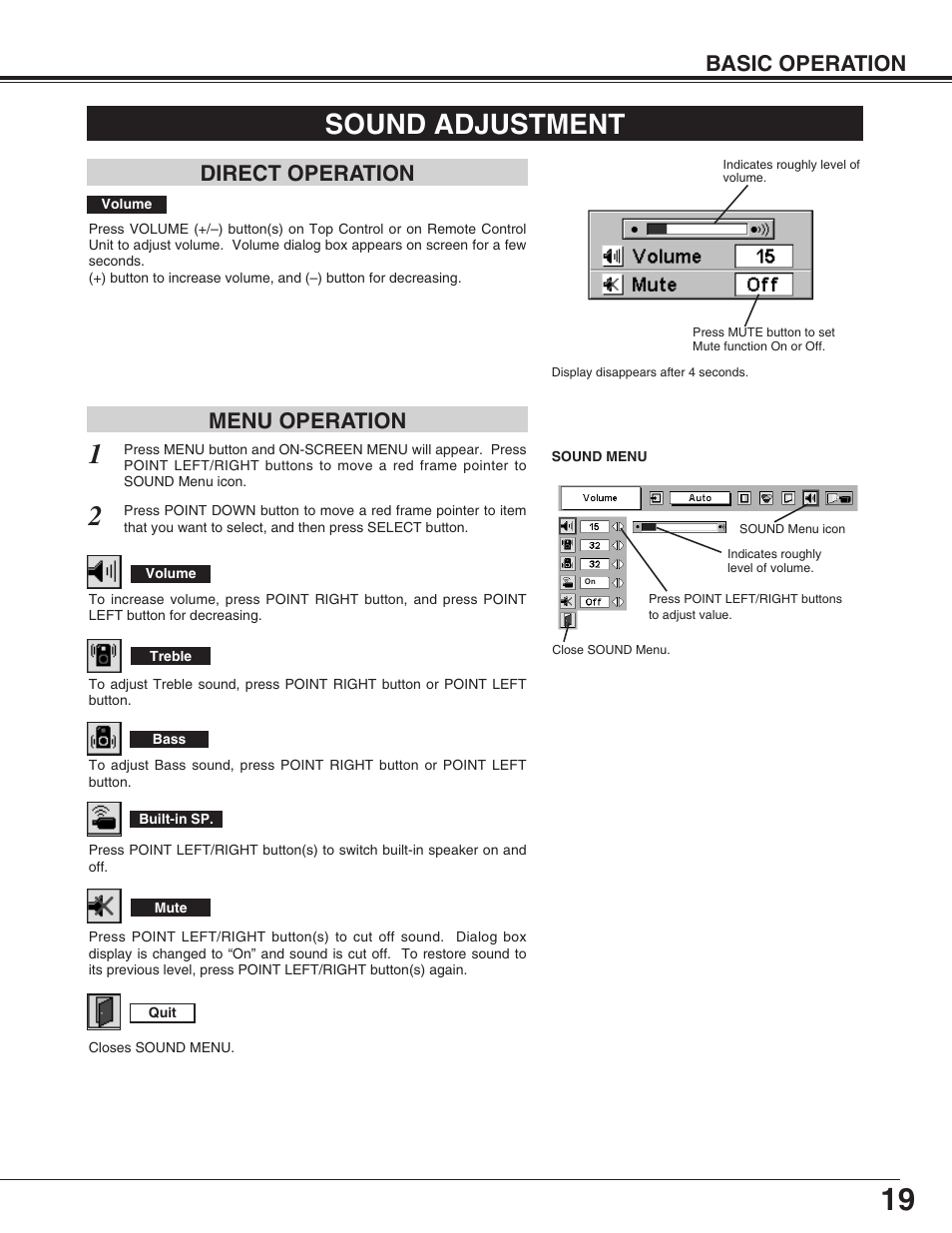 Sound adjustment, Basic operation, Direct operation menu operation | Christie Digital Systems 38-VIV210-01 User Manual | Page 19 / 44