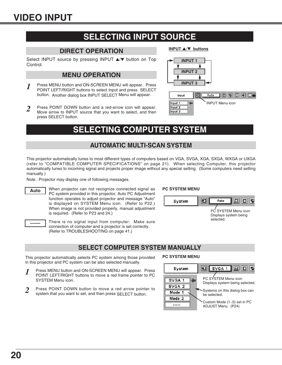 Video input, Selecting computer system selecting input source | Christie Digital Systems 38-VIV210-01 User Manual | Page 20 / 44