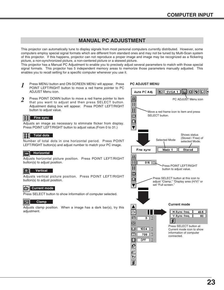 Computer input manual pc adjustment | Christie Digital Systems 38-VIV210-01 User Manual | Page 23 / 44