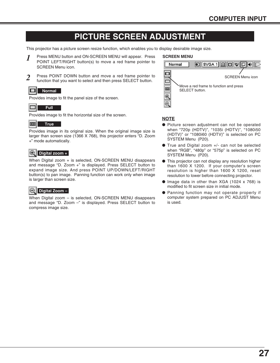 Picture screen adjustment, Computer input | Christie Digital Systems 38-VIV210-01 User Manual | Page 27 / 44