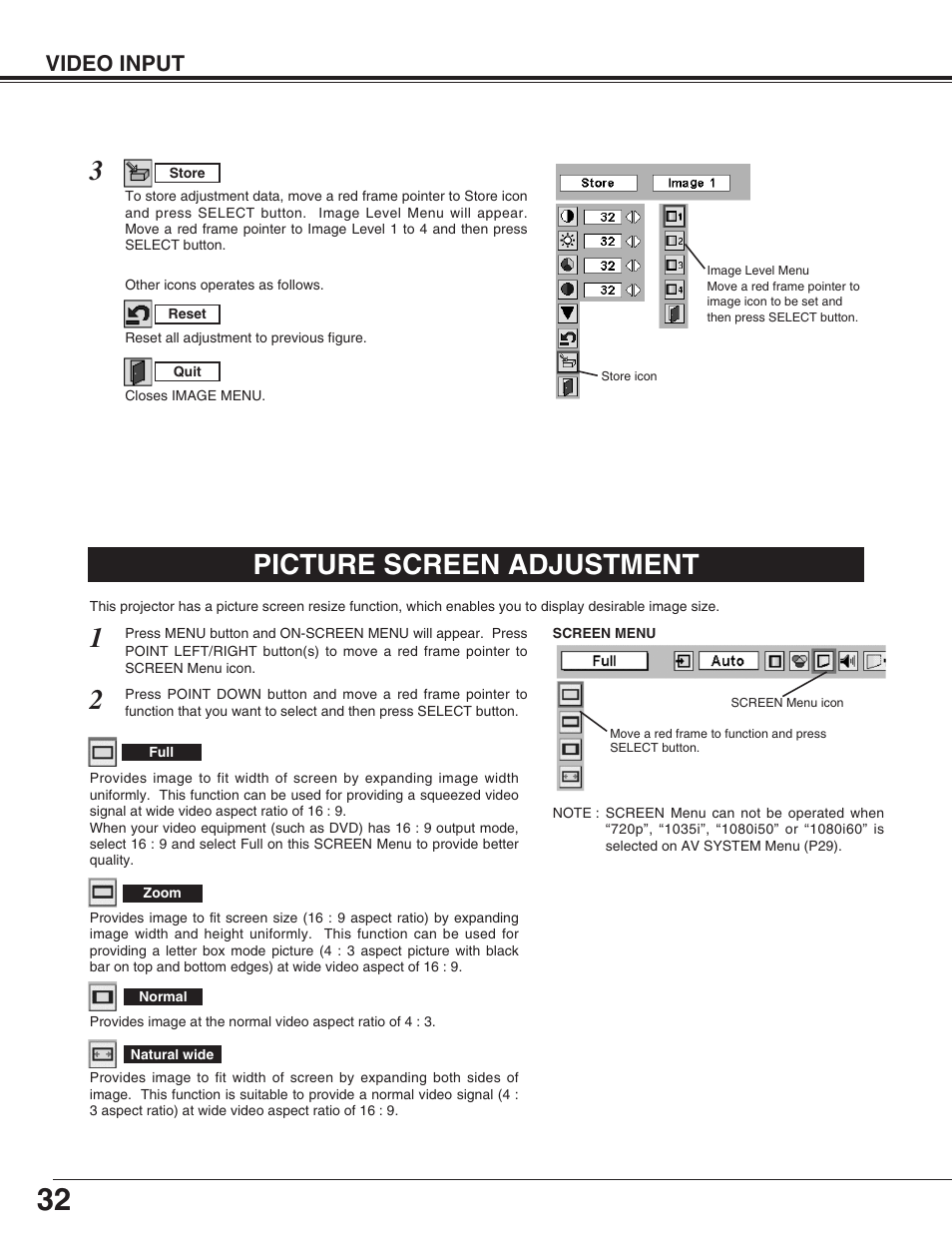 Picture screen adjustment, Video input | Christie Digital Systems 38-VIV210-01 User Manual | Page 32 / 44