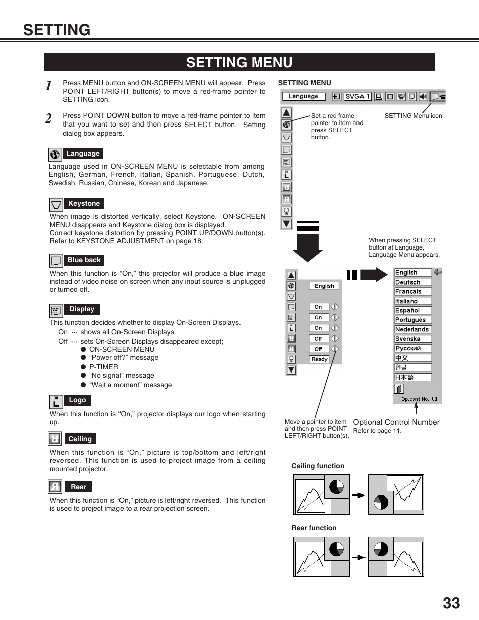 33 setting, Setting menu | Christie Digital Systems 38-VIV210-01 User Manual | Page 33 / 44