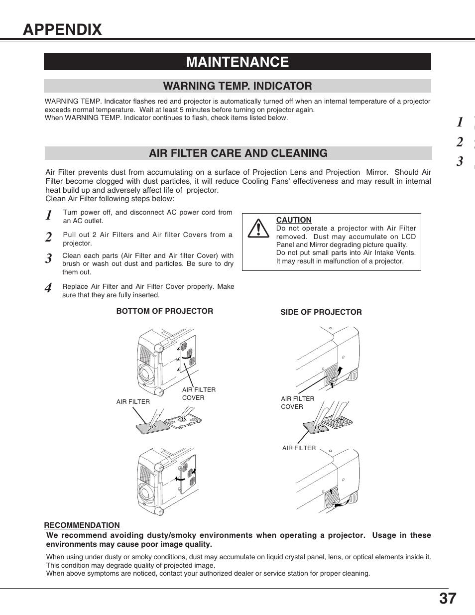 Appendix, Maintenance | Christie Digital Systems 38-VIV210-01 User Manual | Page 37 / 44