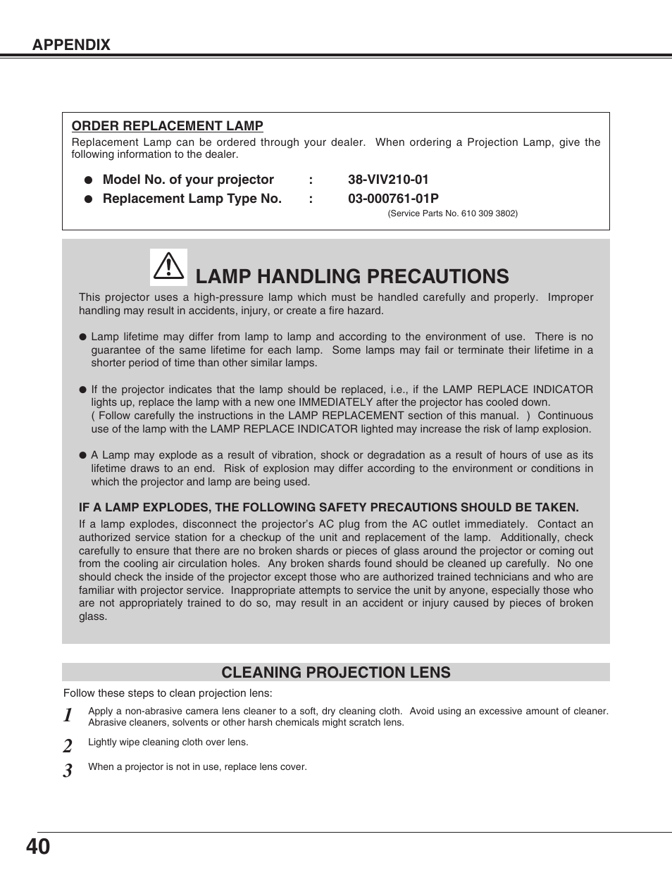 Lamp handling precautions | Christie Digital Systems 38-VIV210-01 User Manual | Page 40 / 44