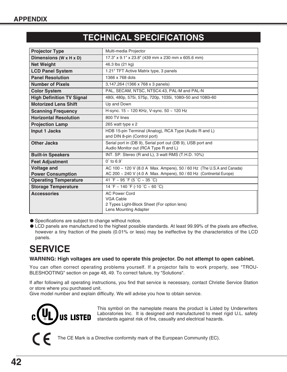 Service, Technical specifications, Appendix | Christie Digital Systems 38-VIV210-01 User Manual | Page 42 / 44