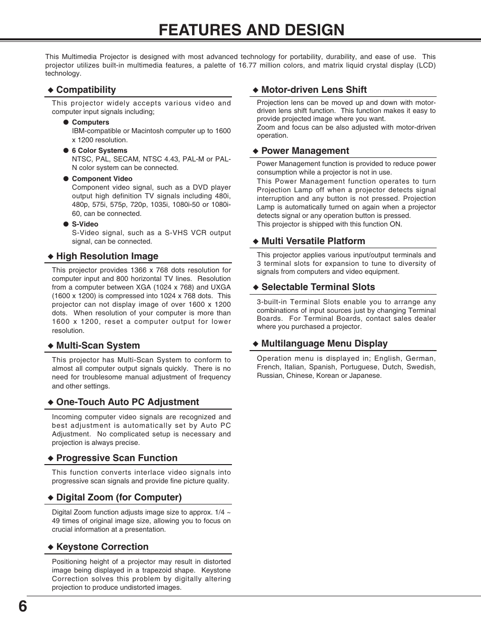 6features and design | Christie Digital Systems 38-VIV210-01 User Manual | Page 6 / 44