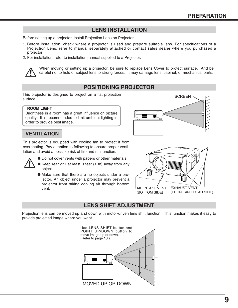 Preparation positioning projector, Lens installation, Lens shift adjustment | Christie Digital Systems 38-VIV210-01 User Manual | Page 9 / 44