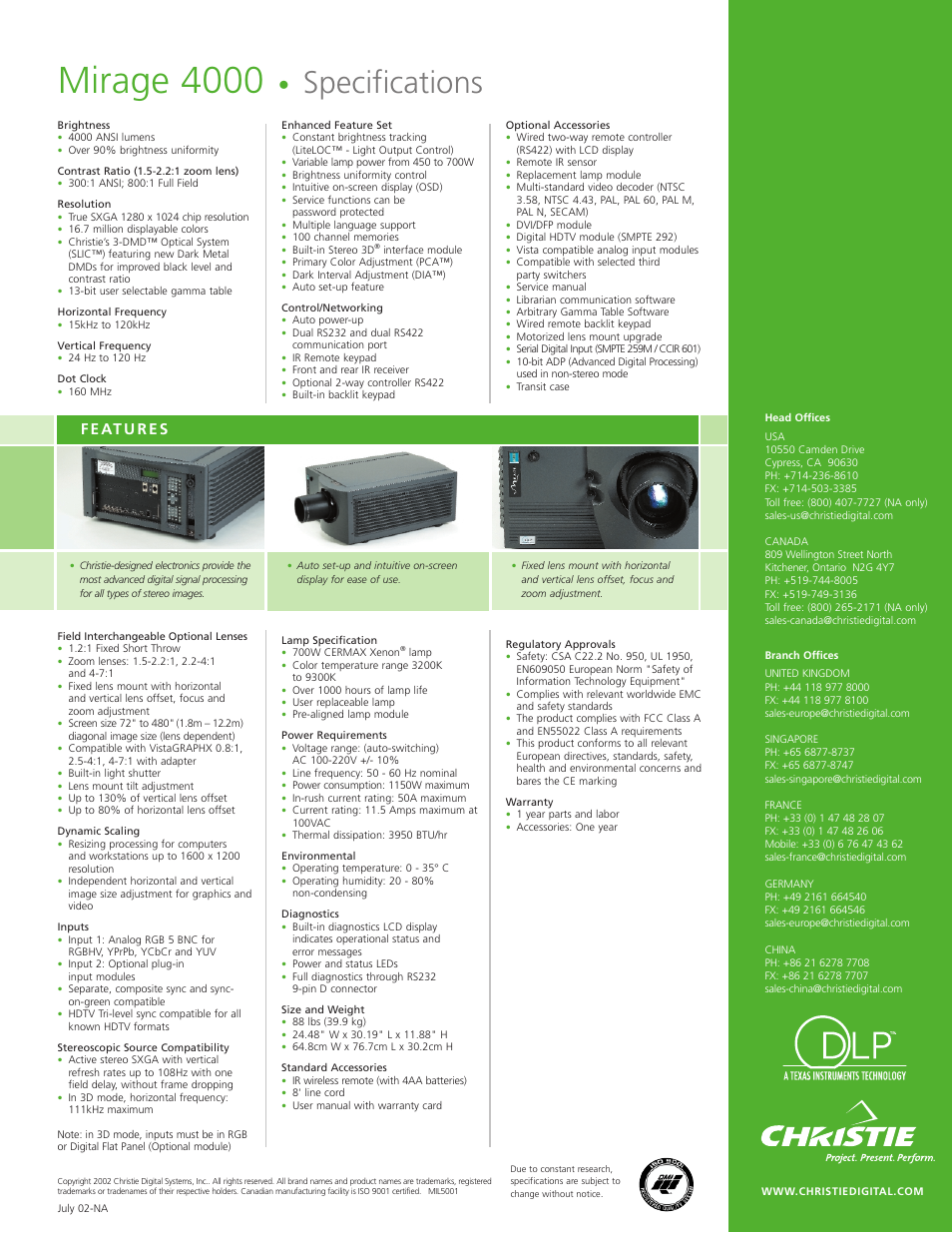 Mirage 4000, Specifications | Christie Digital Systems Christie Matrix 4000 User Manual | Page 2 / 2