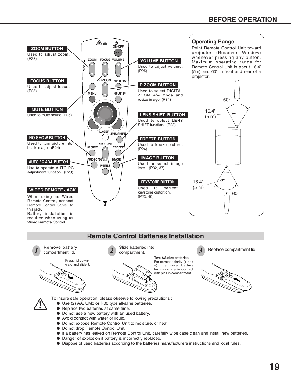 Remote control batteries installation, Before operation, Operating range | Christie Digital Systems 38-VIV402-01 User Manual | Page 19 / 56
