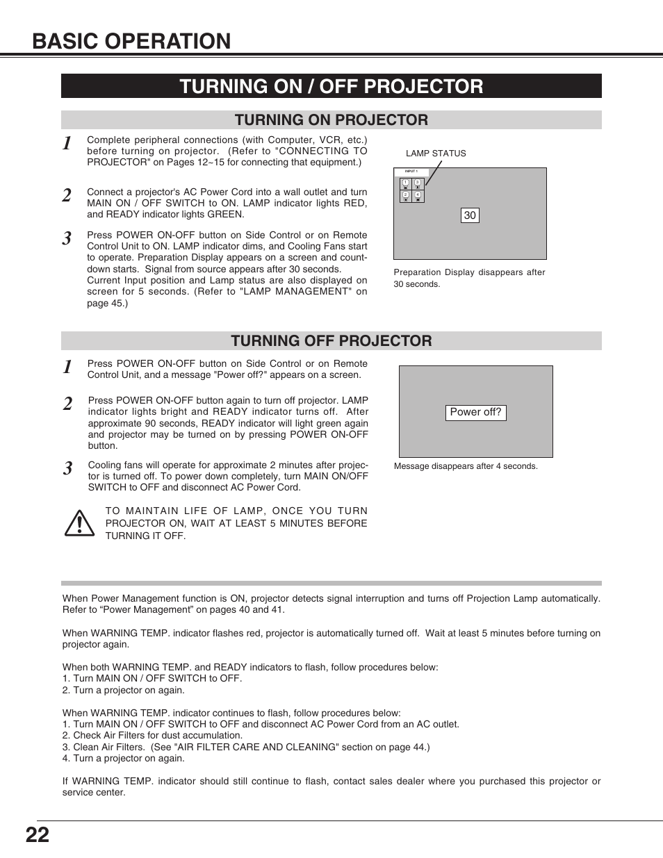 22 basic operation, Turning on / off projector, Turning on projector turning off projector | Christie Digital Systems 38-VIV402-01 User Manual | Page 22 / 56