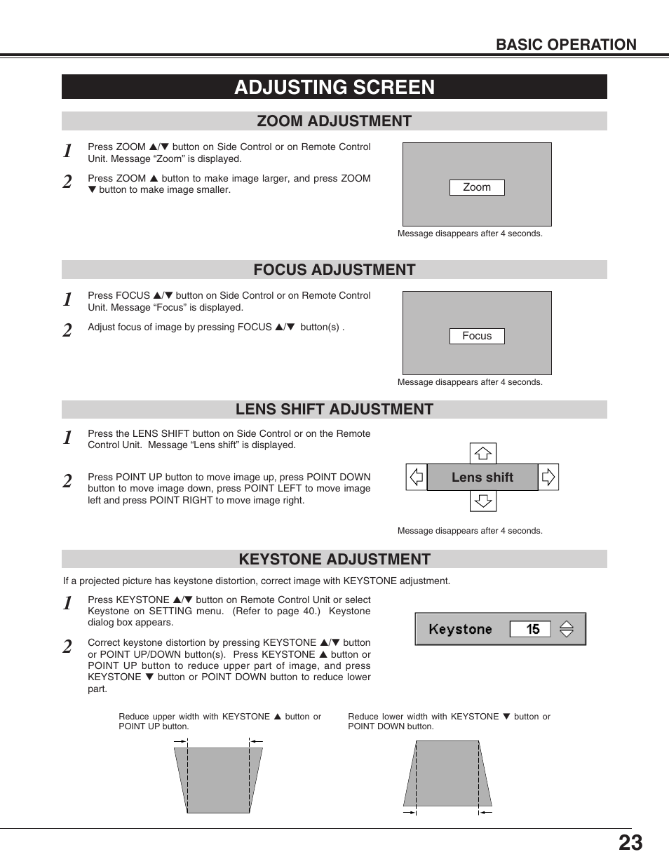 Adjusting screen, Keystone adjustment, Zoom adjustment focus adjustment | Lens shift adjustment basic operation | Christie Digital Systems 38-VIV402-01 User Manual | Page 23 / 56