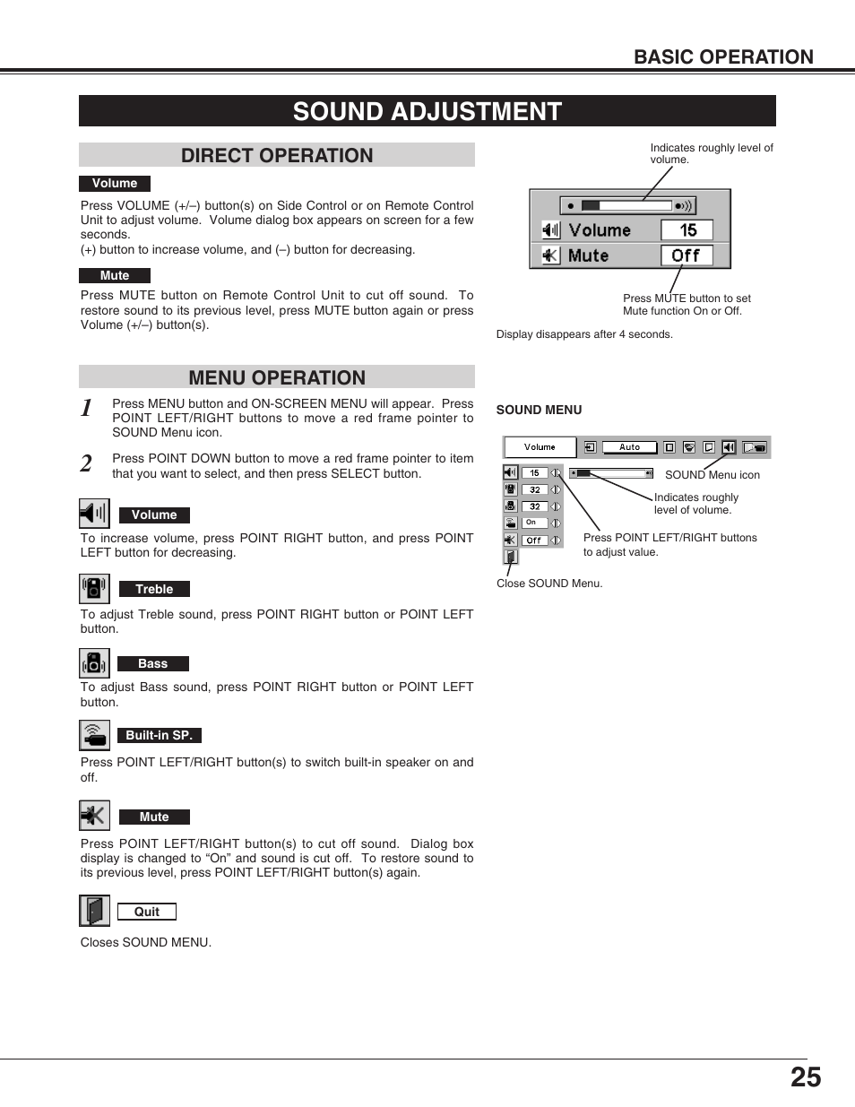 Sound adjustment, Direct operation menu operation, Basic operation | Christie Digital Systems 38-VIV402-01 User Manual | Page 25 / 56