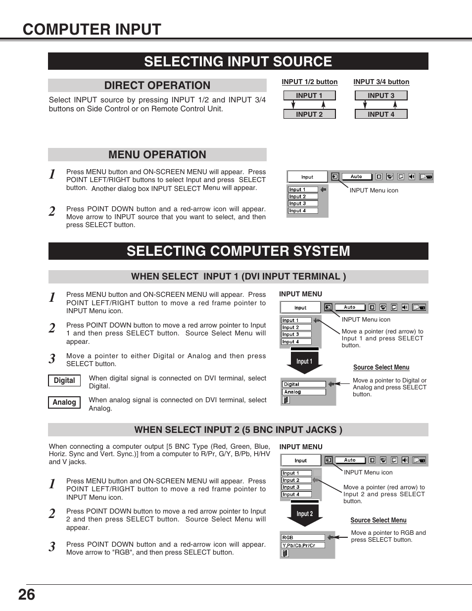 26 computer input, Selecting computer system, Selecting input source | Christie Digital Systems 38-VIV402-01 User Manual | Page 26 / 56