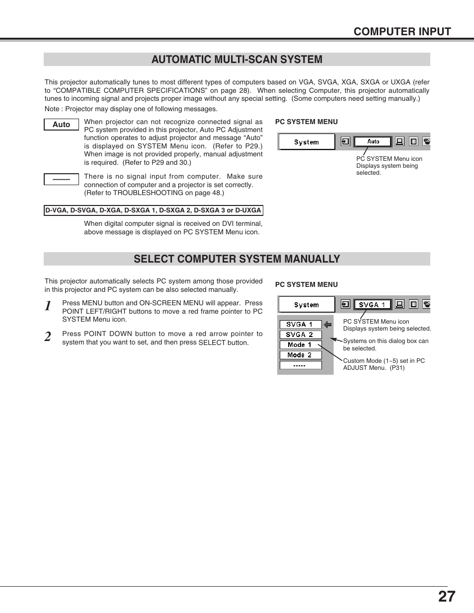 Select computer system manually, Automatic multi-scan system computer input | Christie Digital Systems 38-VIV402-01 User Manual | Page 27 / 56