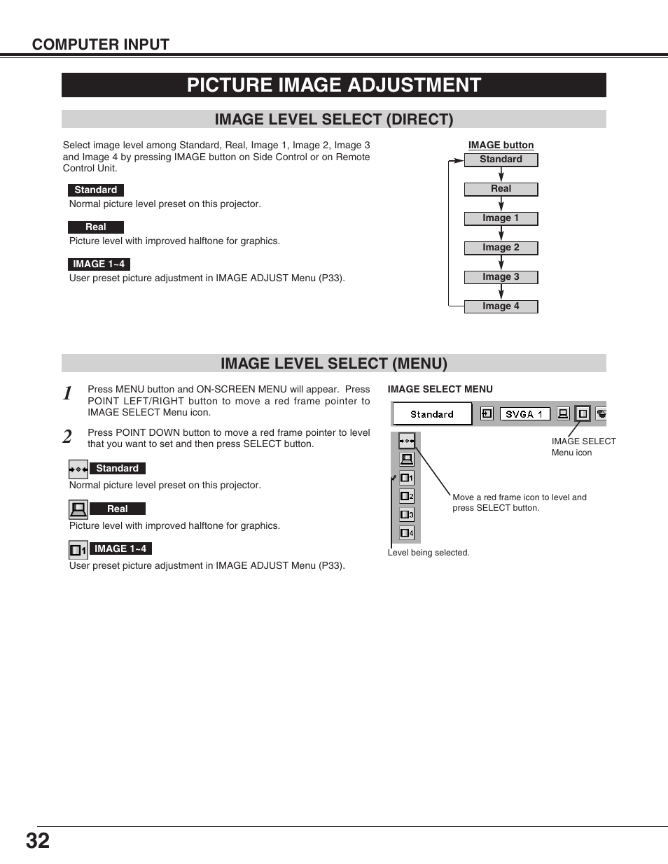 Picture image adjustment, Computer input, Image level select (menu) | Image level select (direct) | Christie Digital Systems 38-VIV402-01 User Manual | Page 32 / 56