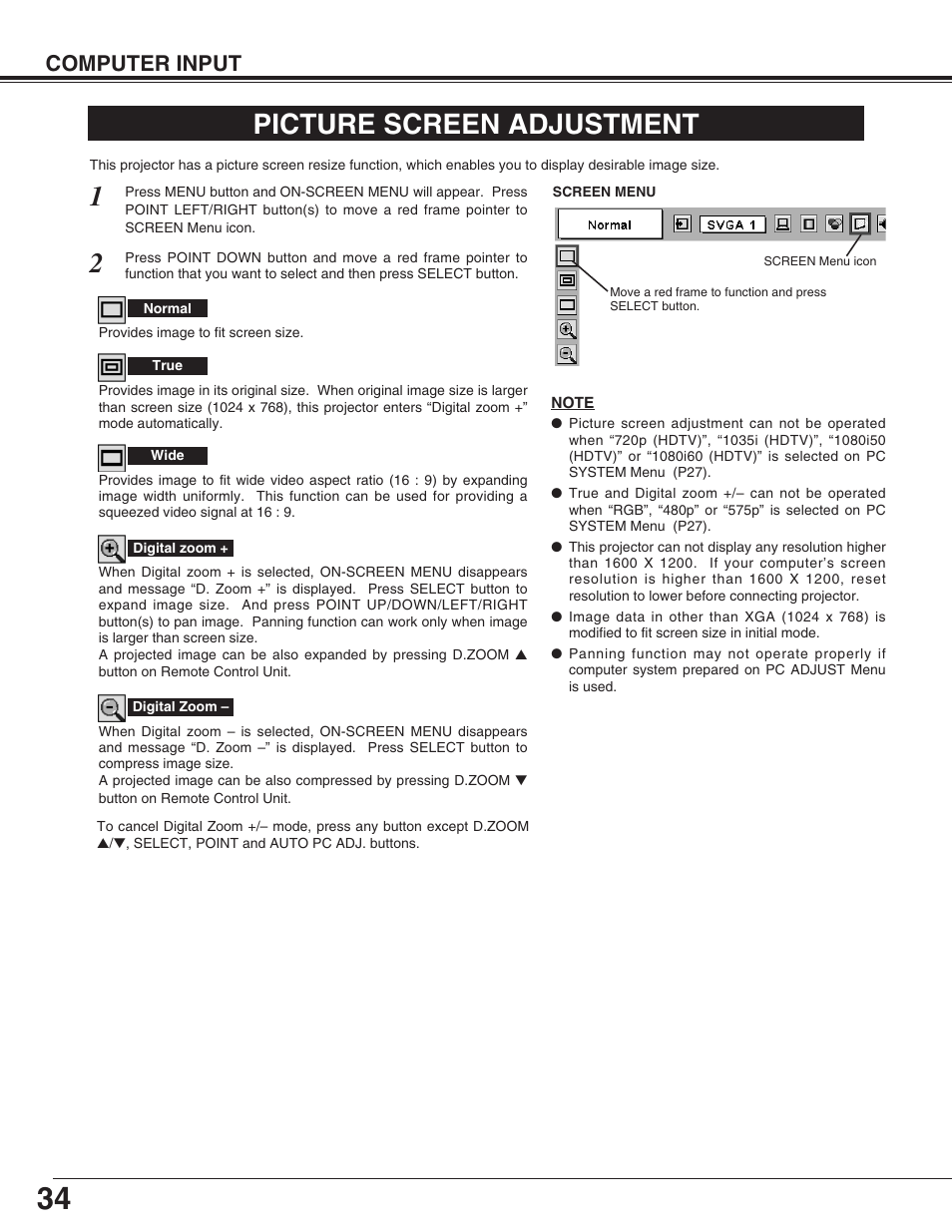 Picture screen adjustment, Computer input | Christie Digital Systems 38-VIV402-01 User Manual | Page 34 / 56
