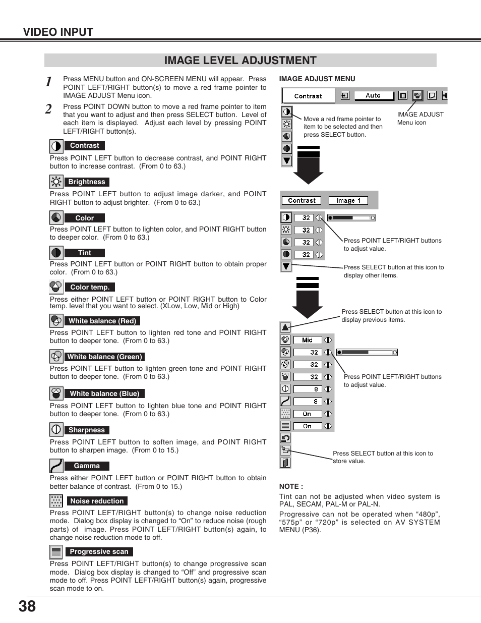 Video input, Image level adjustment | Christie Digital Systems 38-VIV402-01 User Manual | Page 38 / 56