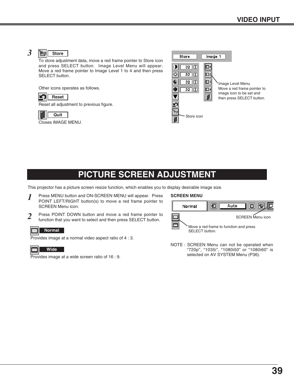 Picture screen adjustment, Video input | Christie Digital Systems 38-VIV402-01 User Manual | Page 39 / 56