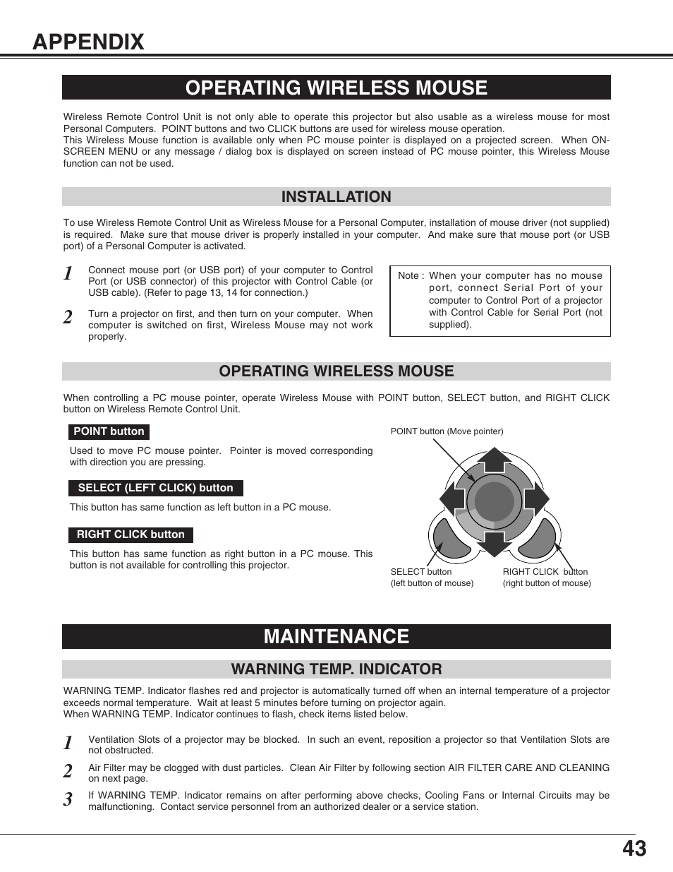 43 appendix, Operating wireless mouse, Maintenance | Christie Digital Systems 38-VIV402-01 User Manual | Page 43 / 56