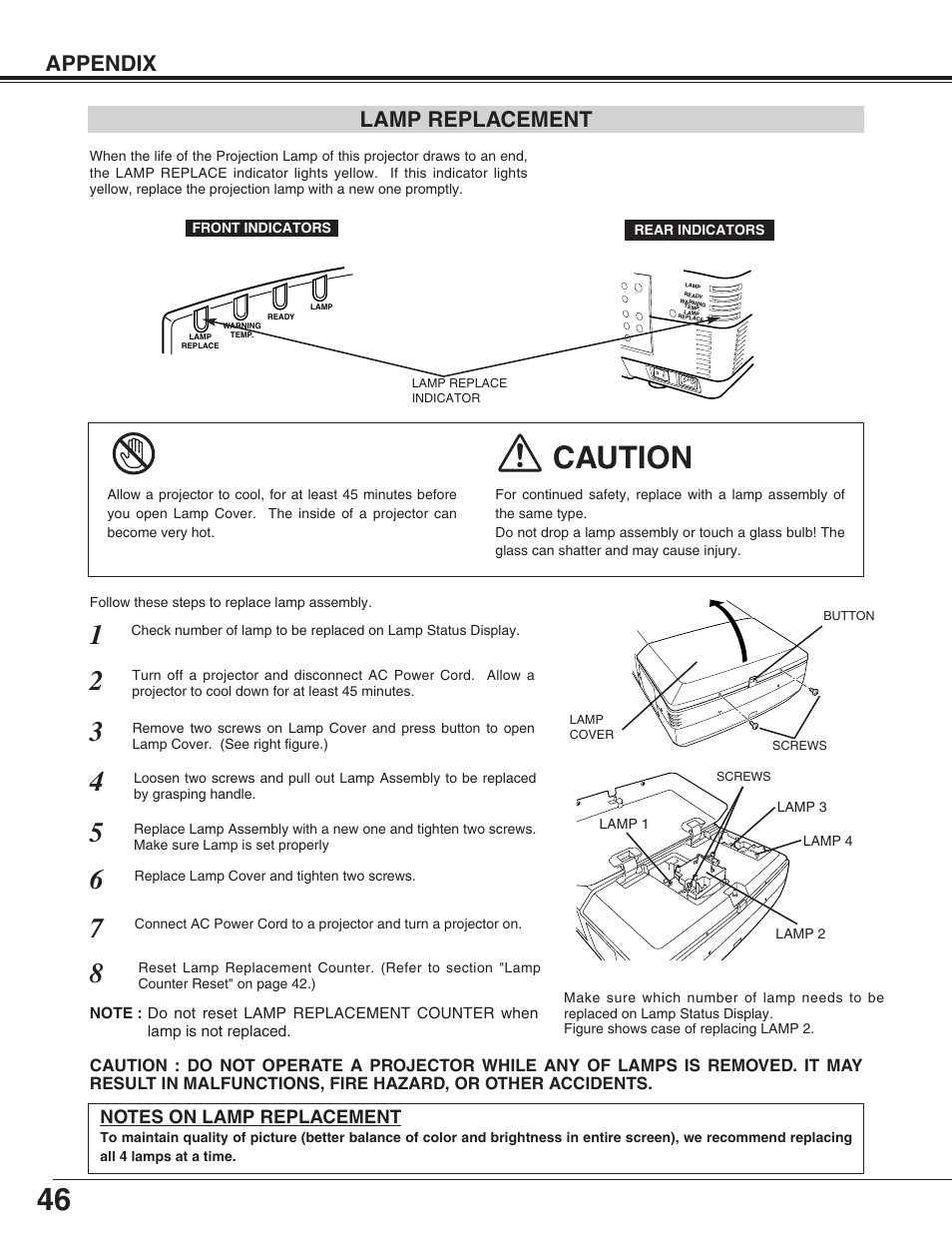 Caution, Appendix, Lamp replacement | Christie Digital Systems 38-VIV402-01 User Manual | Page 46 / 56