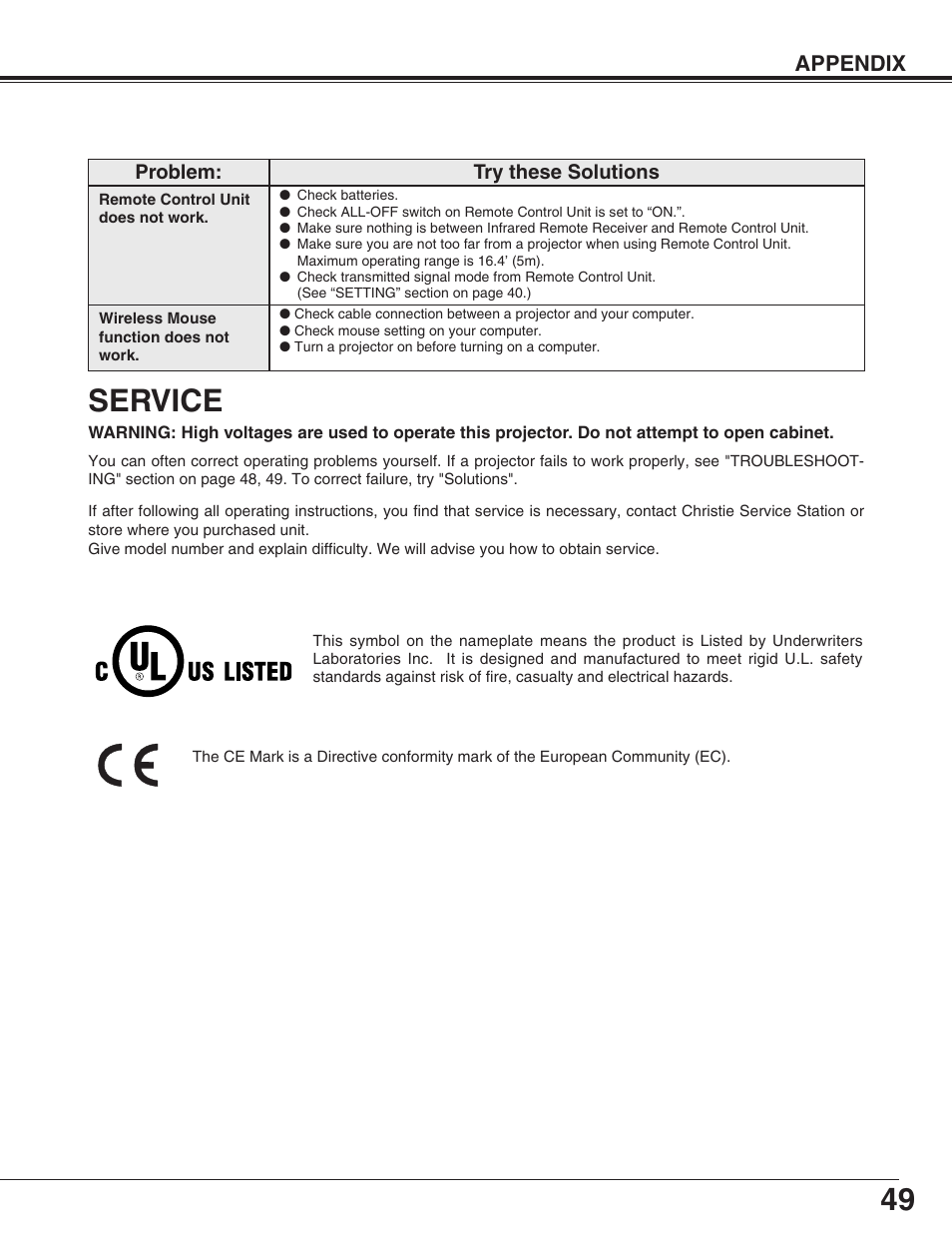 Service, Appendix | Christie Digital Systems 38-VIV402-01 User Manual | Page 49 / 56