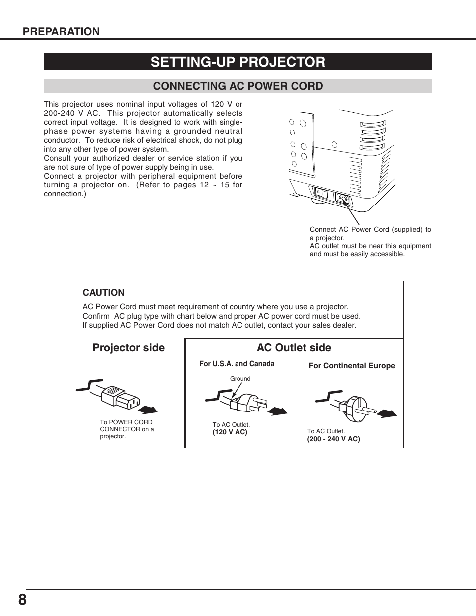 Setting-up projector, Preparation, Connecting ac power cord | Projector side ac outlet side | Christie Digital Systems 38-VIV402-01 User Manual | Page 8 / 56