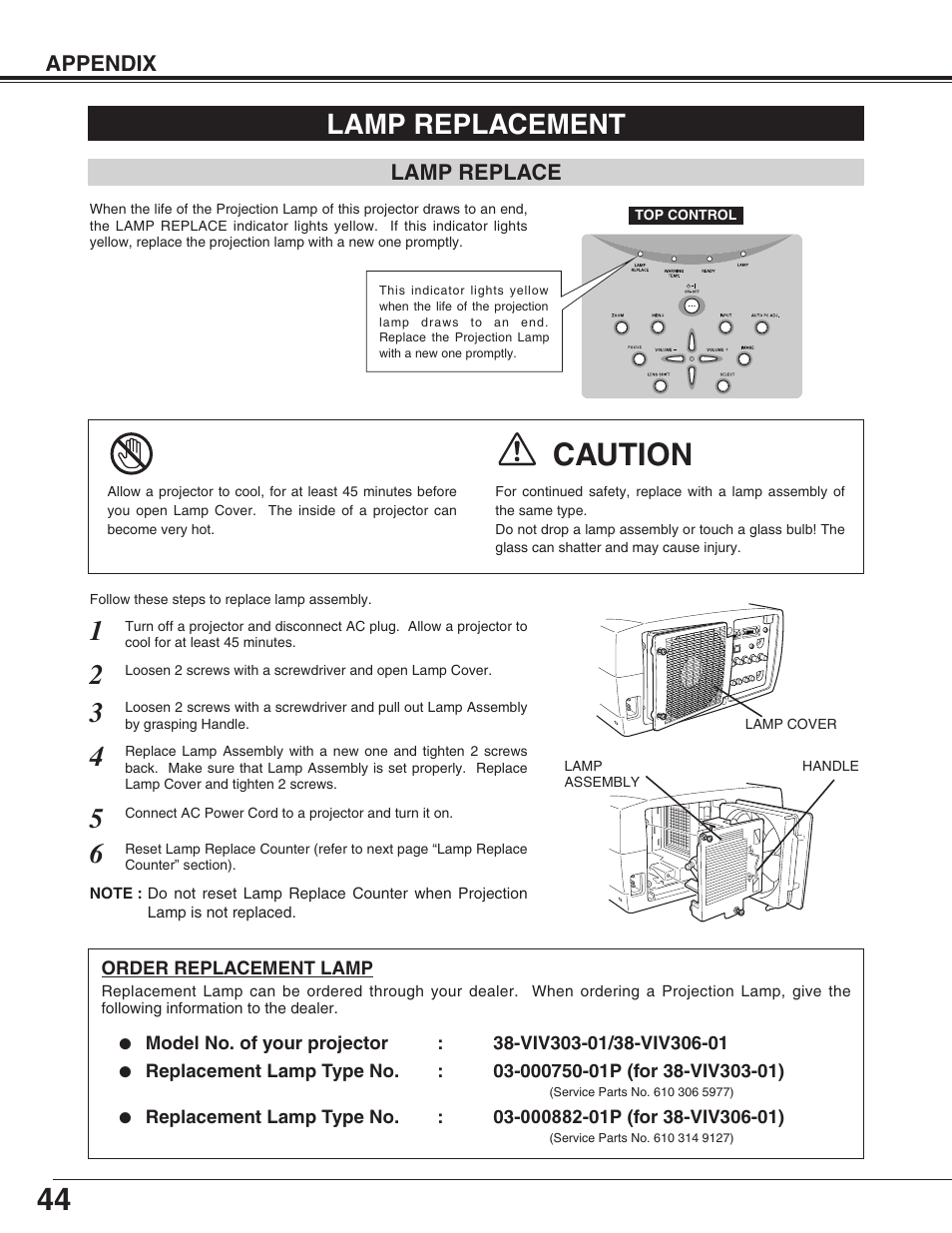 Caution, Lamp replacement | Christie Digital Systems 3308-VIV303-01 User Manual | Page 44 / 56