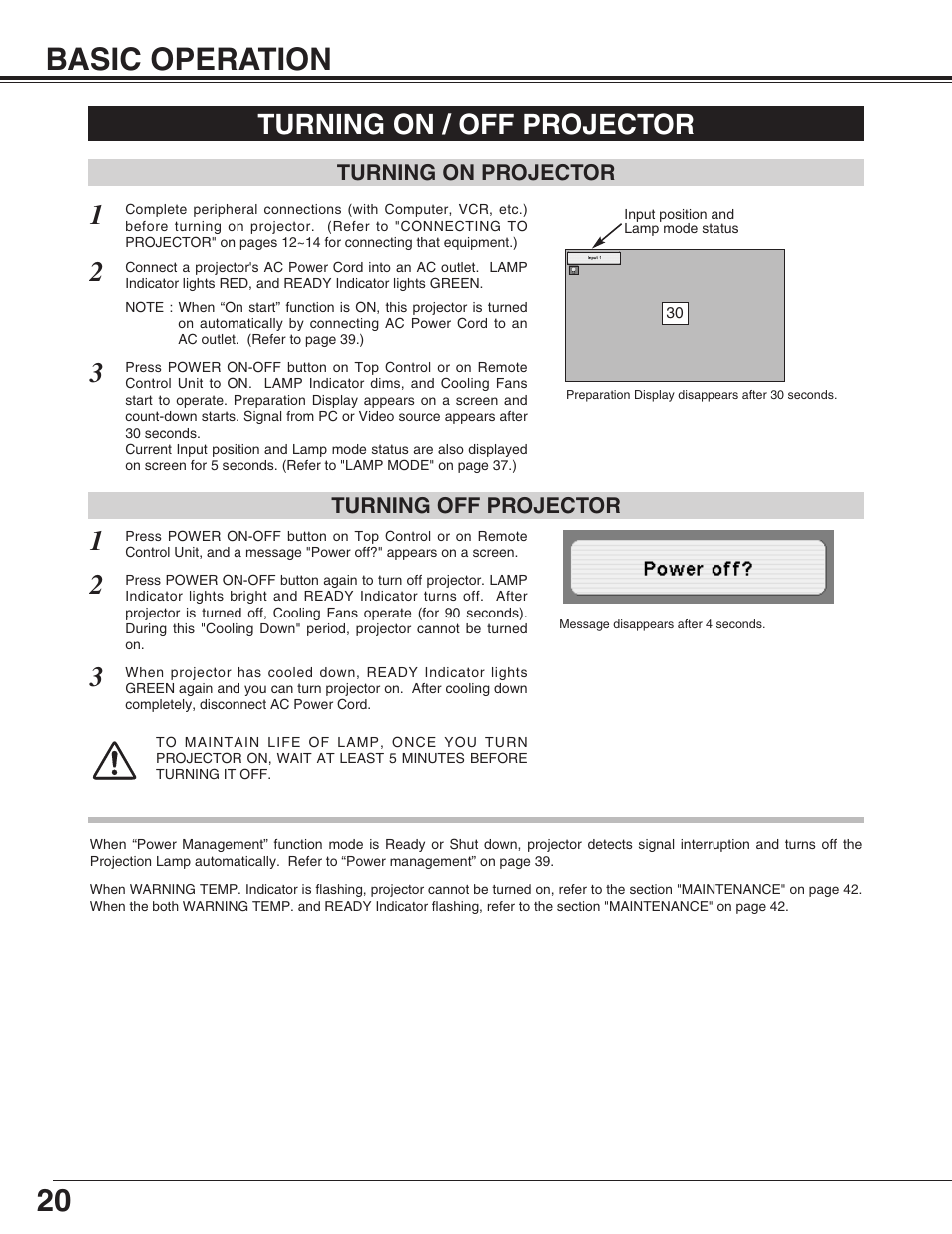 20 basic operation, Turning on / off projector 1 | Christie Digital Systems 38-VIV303-01 User Manual | Page 20 / 56