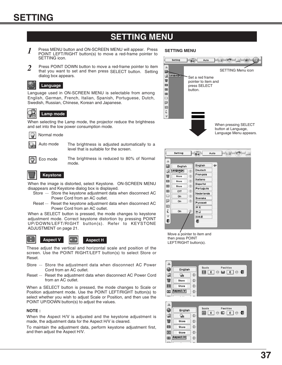 Setting, Setting menu | Christie Digital Systems 38-VIV303-01 User Manual | Page 37 / 56