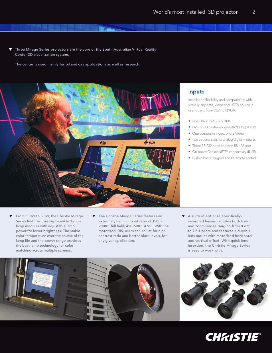 World’s most installed 3d projector 2, Inputs | Christie Digital Systems Mirage Series User Manual | Page 3 / 8