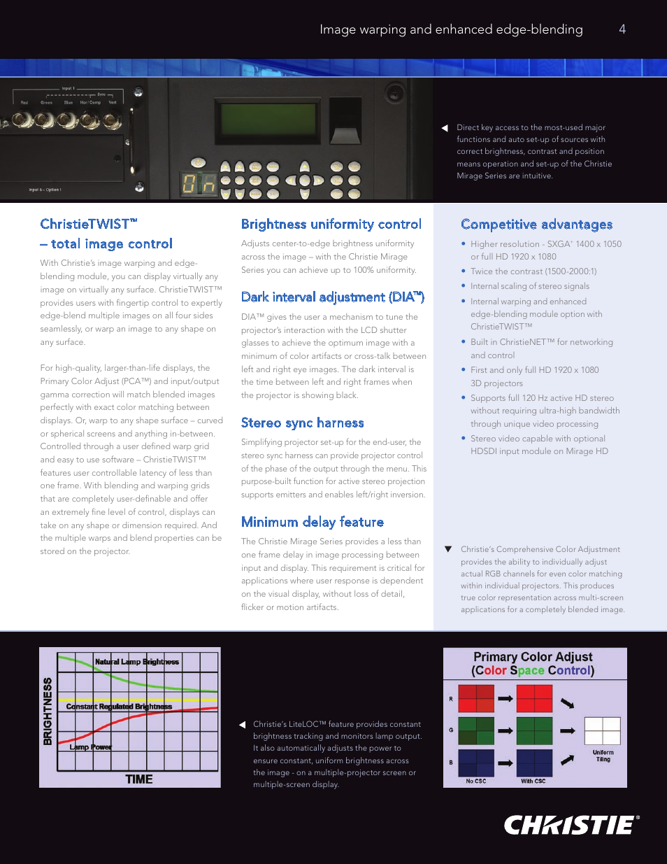 Christietwist, Total image control, Brightness uniformity control | Dark interval adjustment (dia, Stereo sync harness, Minimum delay feature, Competitive advantages, Image warping and enhanced edge-blending 4 | Christie Digital Systems Mirage Series User Manual | Page 5 / 8