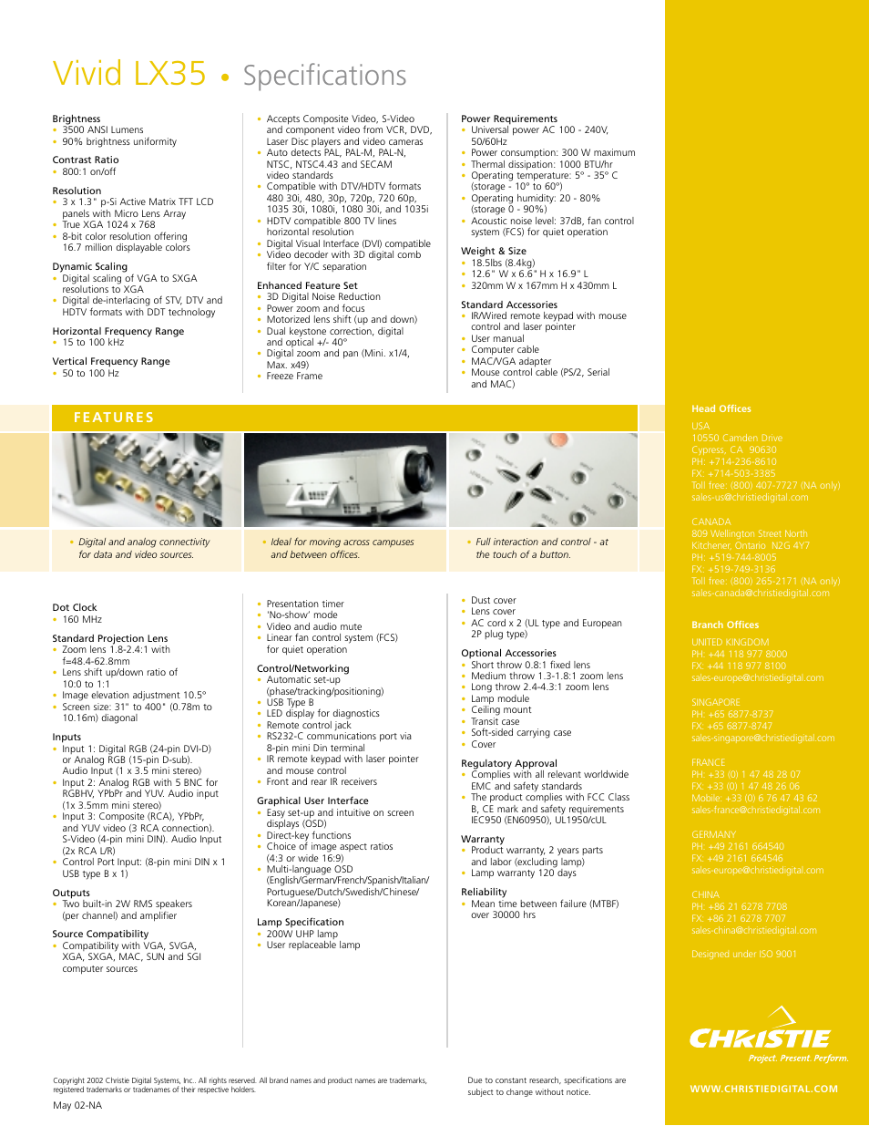 Vivid lx35, Specifications | Christie Digital Systems Vivid LX35 User Manual | Page 2 / 2