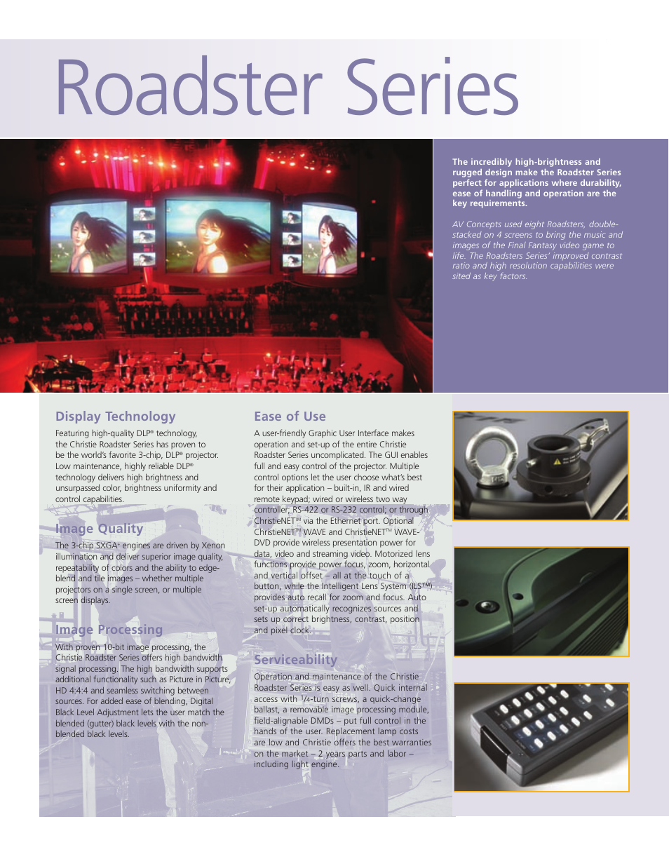 Roadster series, Display technology, Image quality | Image processing, Ease of use, Serviceability | Christie Digital Systems Roadster Series User Manual | Page 2 / 4