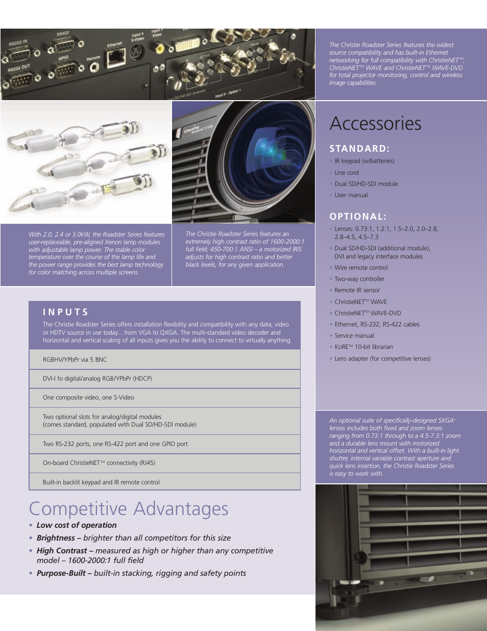Competitive advantages, Accessories | Christie Digital Systems Roadster Series User Manual | Page 3 / 4