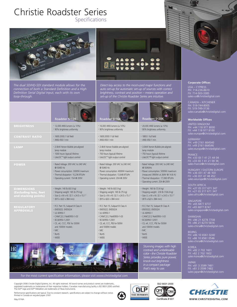 Christie roadster series, Specifications | Christie Digital Systems Roadster Series User Manual | Page 4 / 4