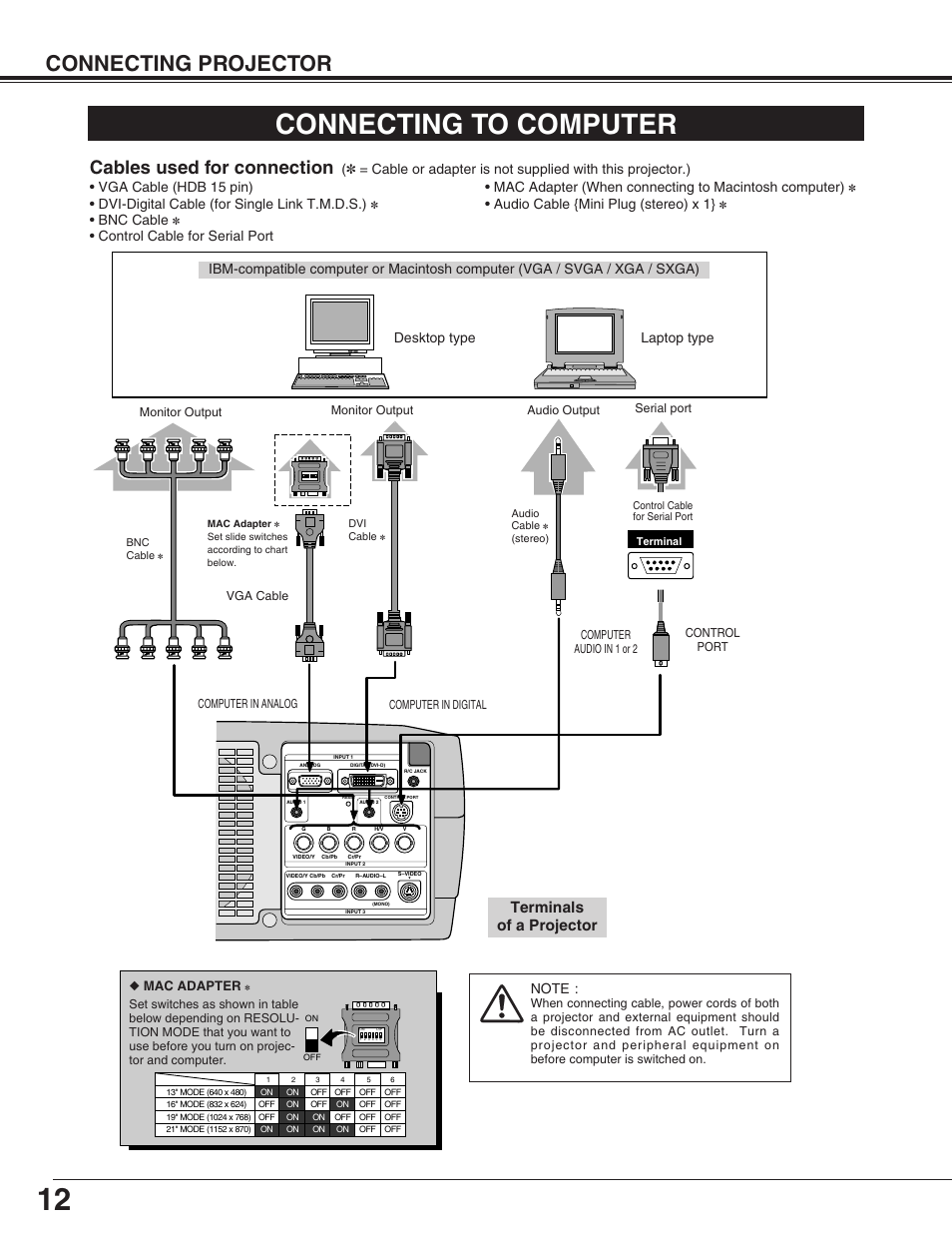 Connecting to computer, Connecting projector, Cables used for connection | Terminals of a projector, Desktop type laptop type, Bnc cable, Audio cable {mini plug (stereo) x 1, Mac adapter | Christie Digital Systems 38-VIV212 User Manual | Page 12 / 44