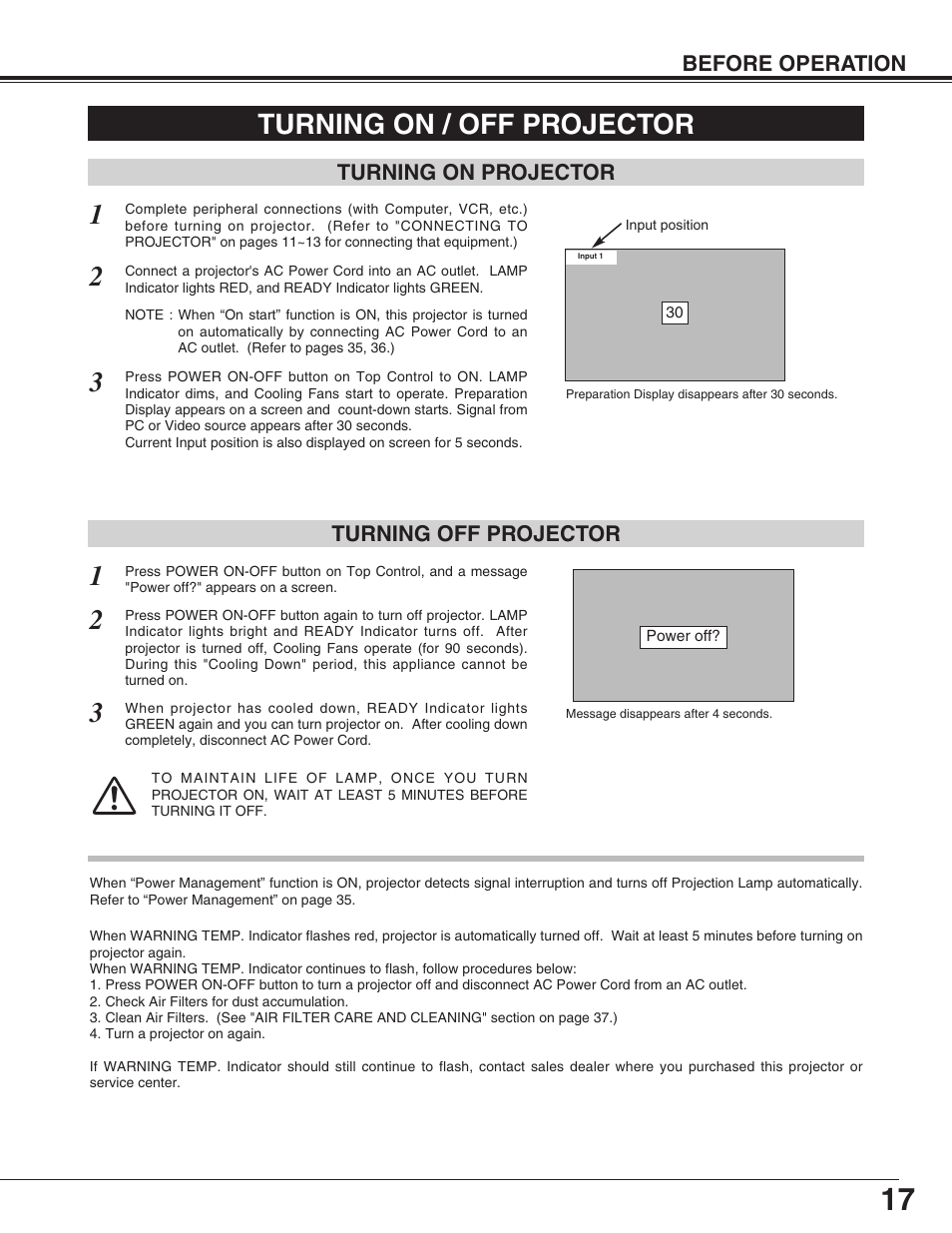 Turning on / off projector | Christie Digital Systems 38-VIV212 User Manual | Page 17 / 44