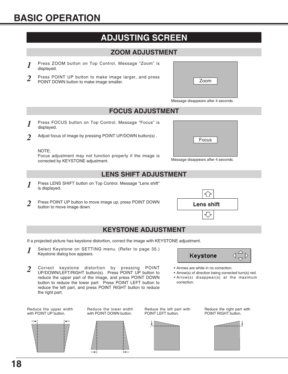 18 basic operation, Adjusting screen | Christie Digital Systems 38-VIV212 User Manual | Page 18 / 44