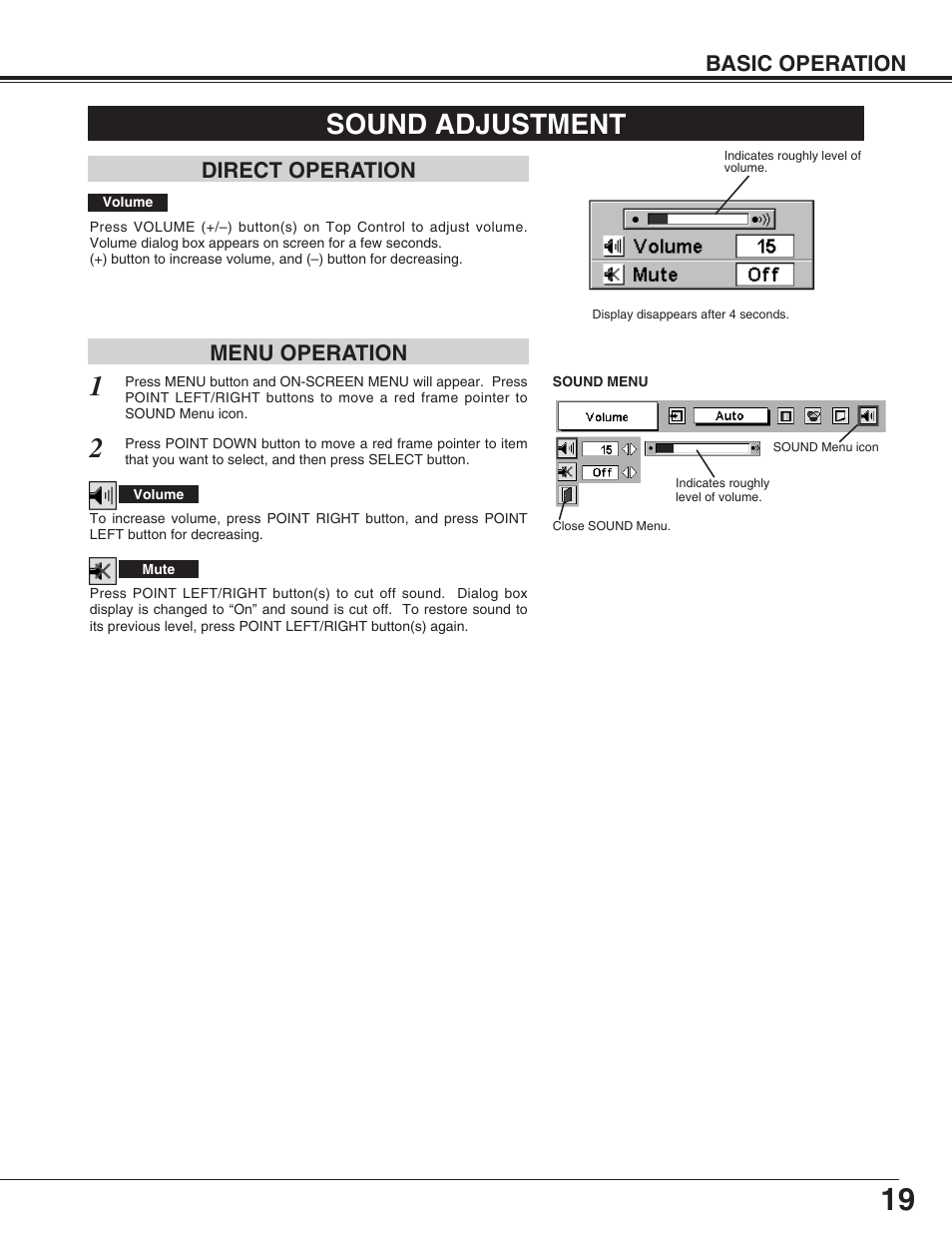 Sound adjustment, Basic operation, Direct operation menu operation | Christie Digital Systems 38-VIV212 User Manual | Page 19 / 44