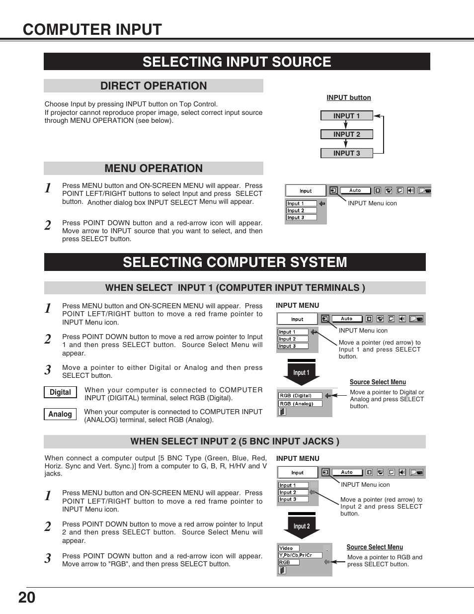 20 computer input, Selecting input source, Selecting computer system | Christie Digital Systems 38-VIV212 User Manual | Page 20 / 44