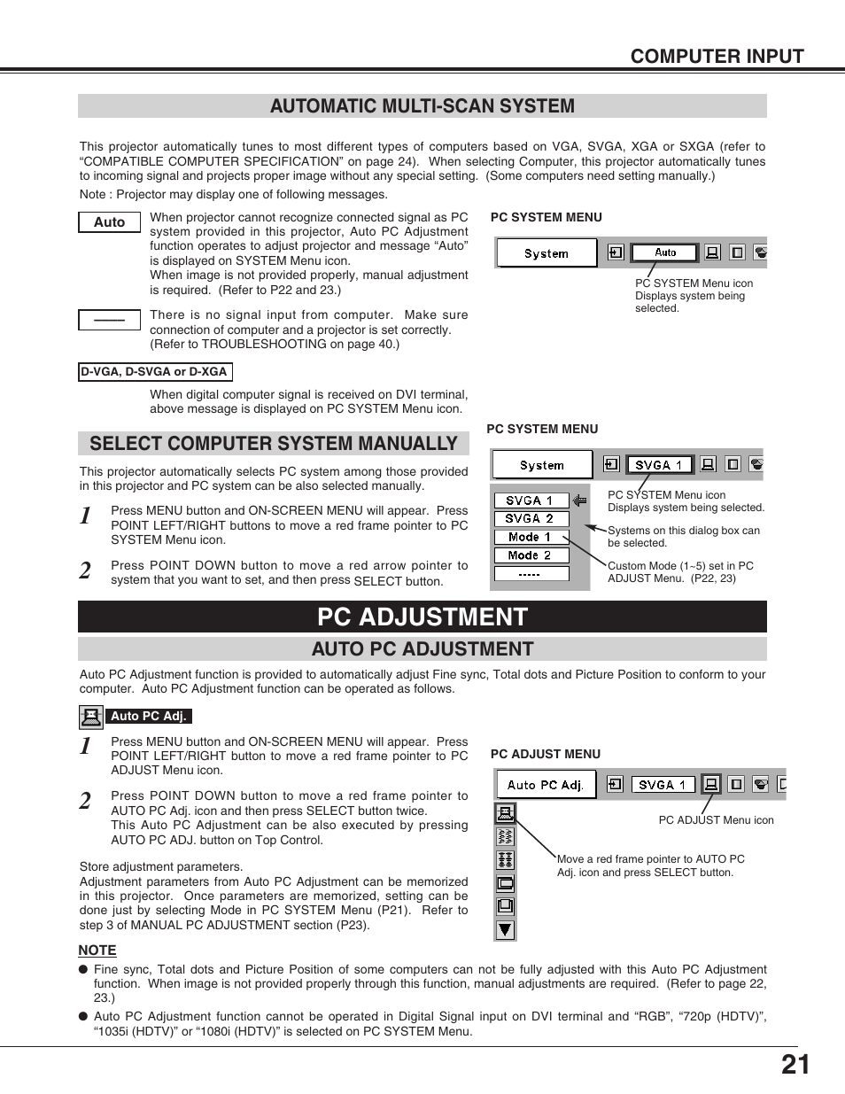 Pc adjustment, Computer input, Select computer system manually | Auto pc adjustment, Automatic multi-scan system | Christie Digital Systems 38-VIV212 User Manual | Page 21 / 44