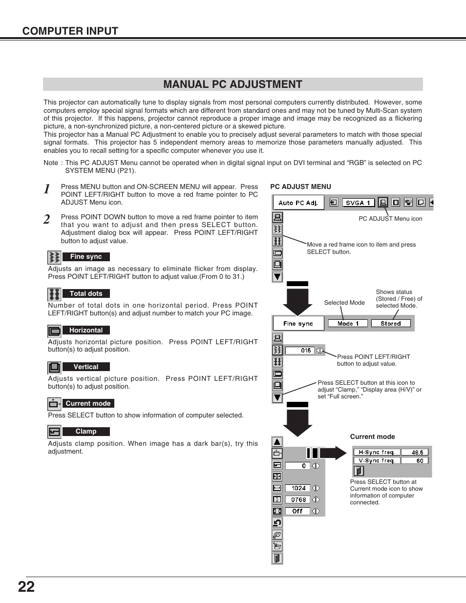 Computer input manual pc adjustment | Christie Digital Systems 38-VIV212 User Manual | Page 22 / 44