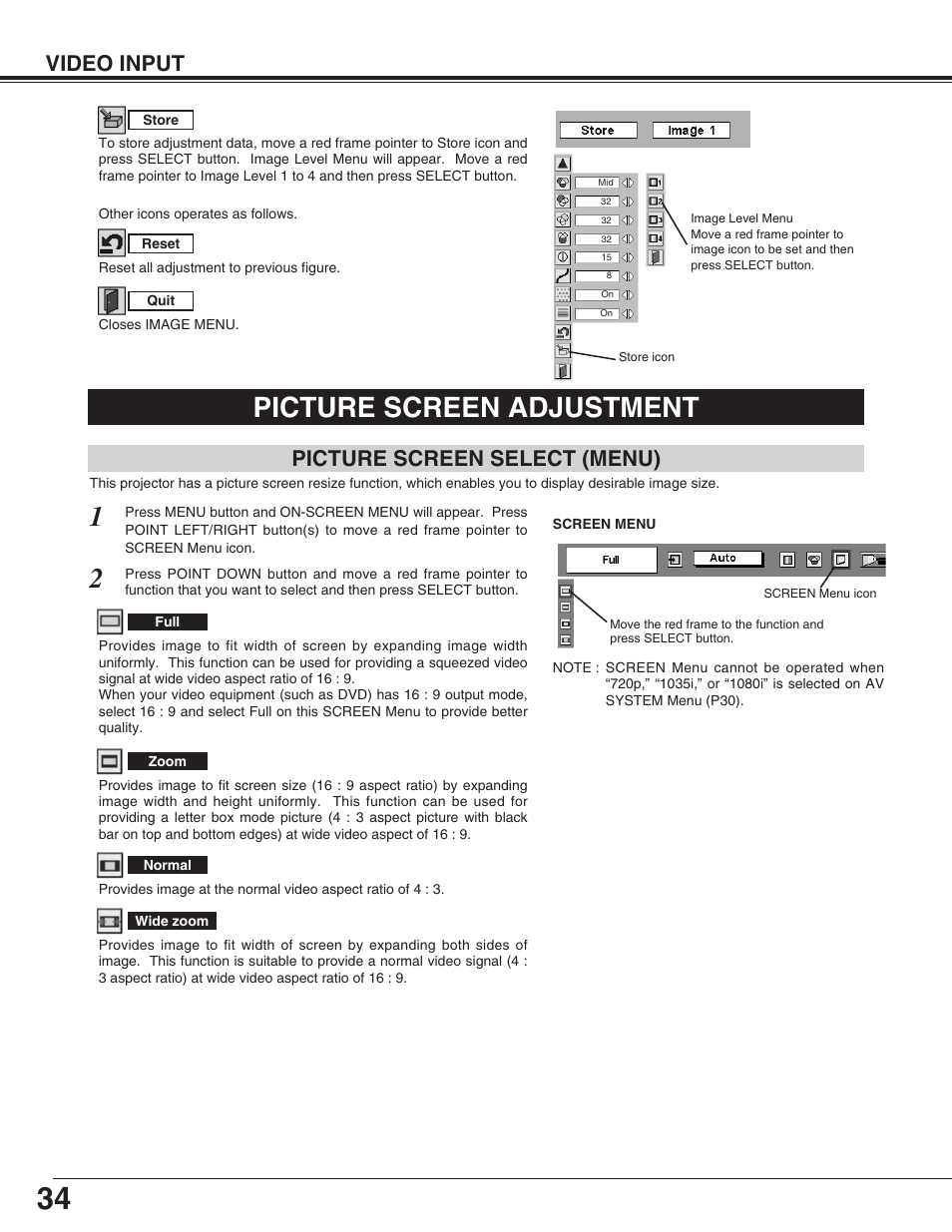 Picture screen adjustment, Video input, Picture screen select (menu) | Christie Digital Systems 38-VIV212 User Manual | Page 34 / 44