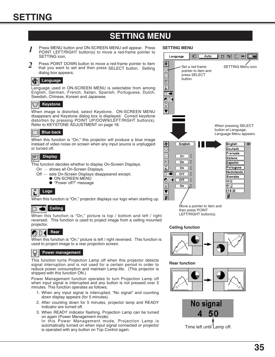 35 setting, Setting menu | Christie Digital Systems 38-VIV212 User Manual | Page 35 / 44