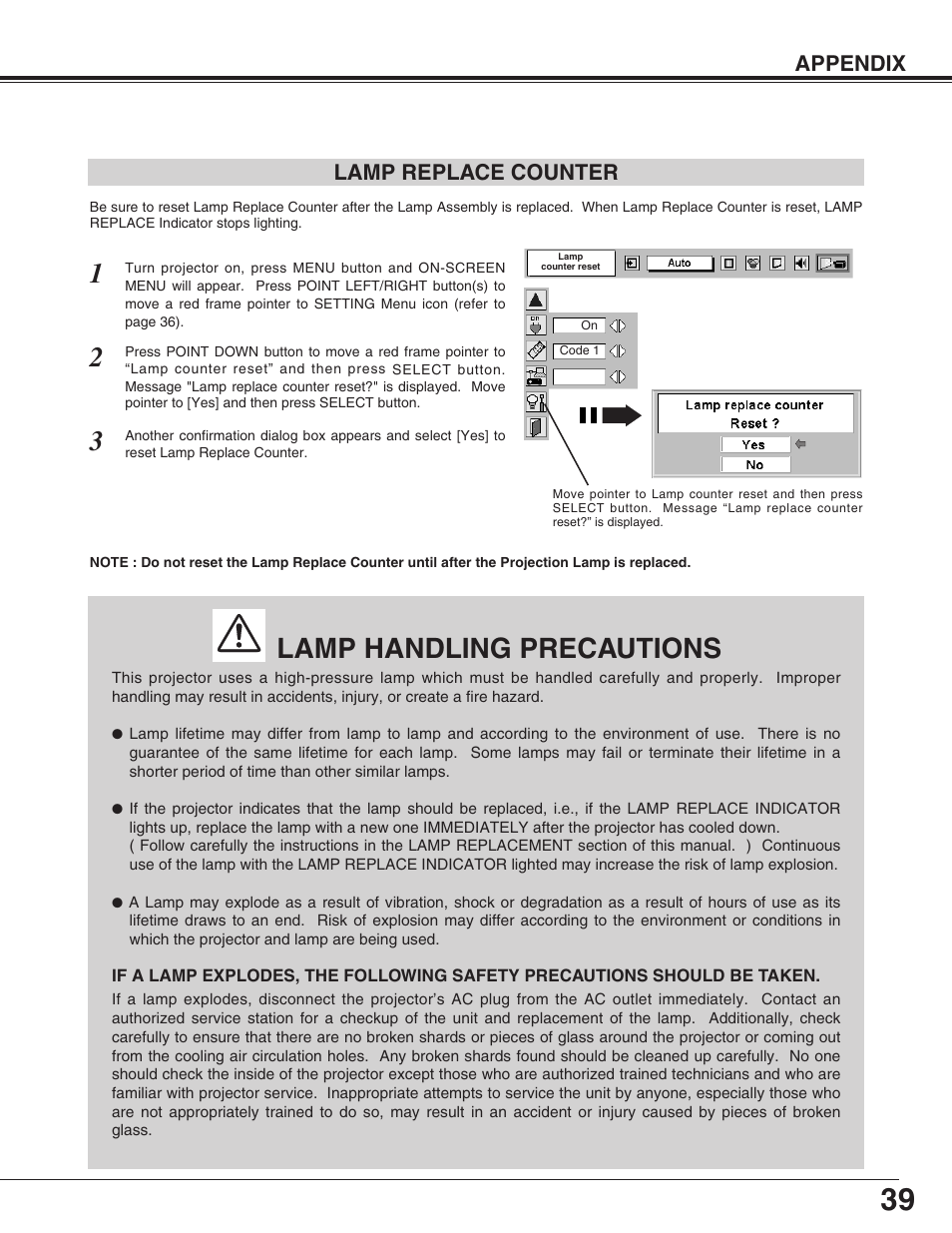 Lamp handling precautions, Lamp replace counter appendix | Christie Digital Systems 38-VIV212 User Manual | Page 39 / 44