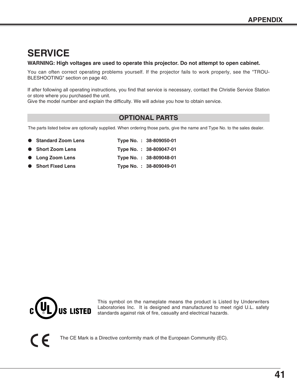 Service, Appendix, Optional parts | Christie Digital Systems 38-VIV212 User Manual | Page 41 / 44