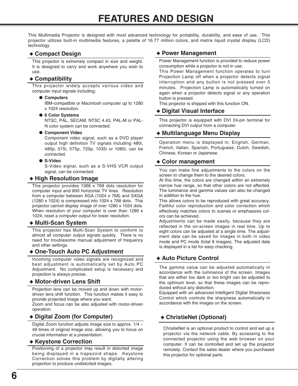 6features and design | Christie Digital Systems 38-VIV212 User Manual | Page 6 / 44