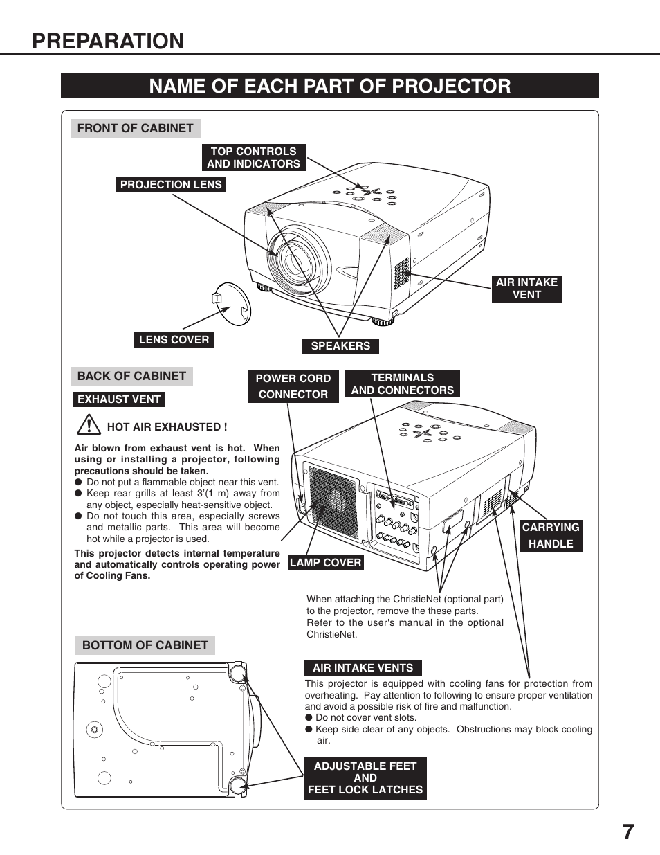7preparation, Name of each part of projector | Christie Digital Systems 38-VIV212 User Manual | Page 7 / 44