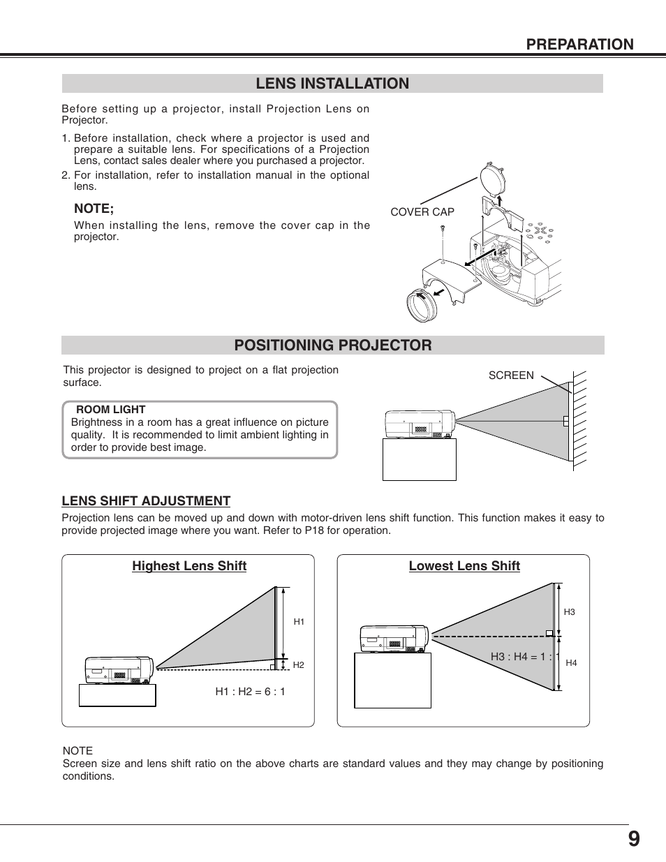 Preparation, Positioning projector, Lens installation | Christie Digital Systems 38-VIV212 User Manual | Page 9 / 44